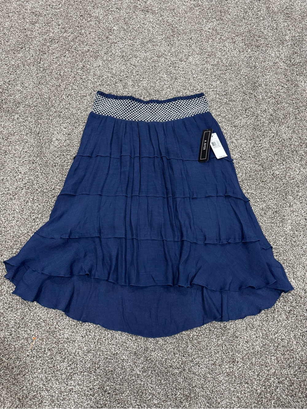 A. Byer Navy Blue High-Low Tiered Skirt with Patterned Waistband